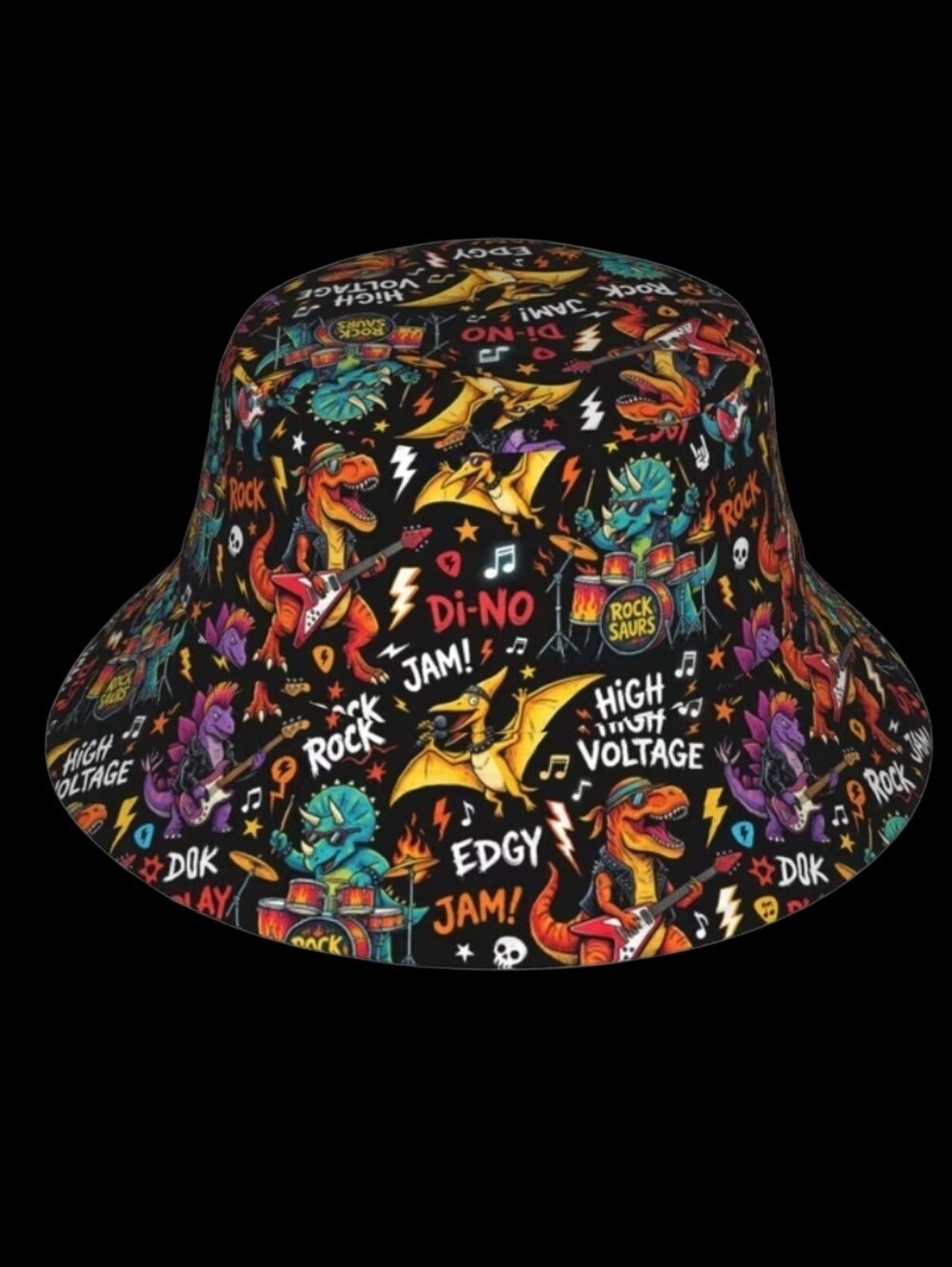 Dino Rock Cartoon Bucket Hat in Black Unisex 22"/23"